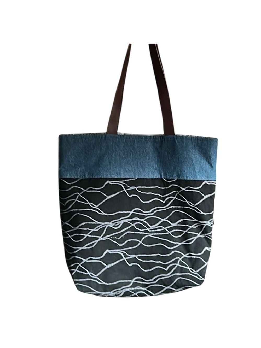 Three Bags Full Blue and Black Fabric Tote with Brown Leather Shoulder Straps